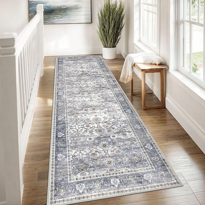 KUTA Vintage Wide Runners for Hallways 3x8 ft Washable Kitchen Runner Non Slip Rubber Backed Grey Blue Hall Runners Entryway Runner Rugs Floor Carpet for Indoor Backdoor Bedroom Kitchen