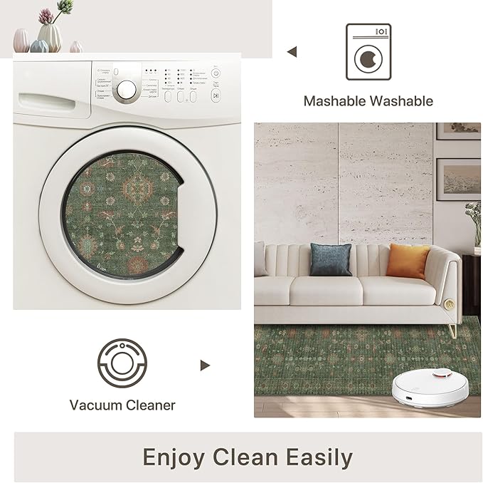 GENIMO Runner Rug for Hallways Machine Washable, 3x7 Non Slip Boho Vintage Lightweight Washable Runners, Thin Floor Rugs for Entryway Hallway Bathroom Laundry Room Corridor, Moss Green