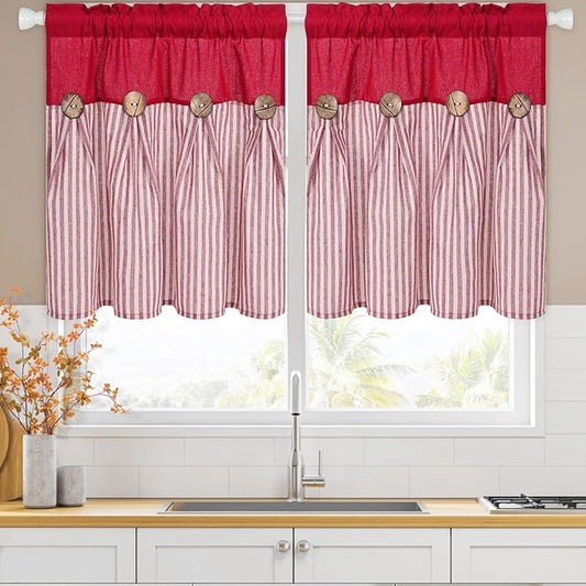 ASPMIZ Linen Kitchen Curtains 24 Inch Length, Farmhouse Boho Button Kitchen Window Curtain Over Sink, Red Striped Short Curtains for Small Windows, Bathroom, Rod Pocket Window Treatment Tiers