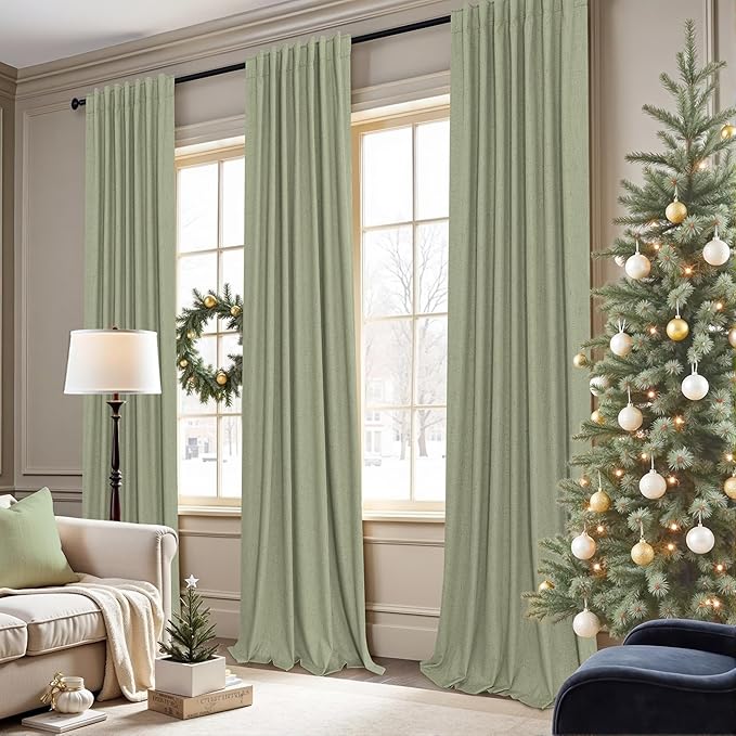 Pitalk Light Sage Green Black Out Curtains 63 Inch Long 2 Panel Set Back Tab Pleated Linen Textured Cute Blackout Curtains for Girls Bedroom Nursery Living Room Darkening Thermal Window Drapes Vintage