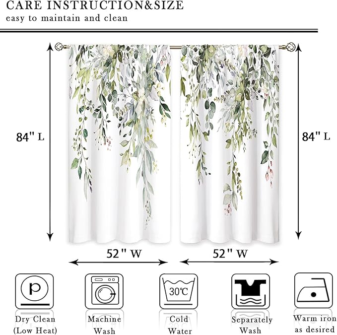 Sage Green Eucalyptus Leaves Window Curtains Flower Watercolor Floral BotanicalPlant Wildflower Farmhouse Curtain Drapes Herb Curtains for Bedroom Living Room Treatment 2 Panels 52Wx84H Inch