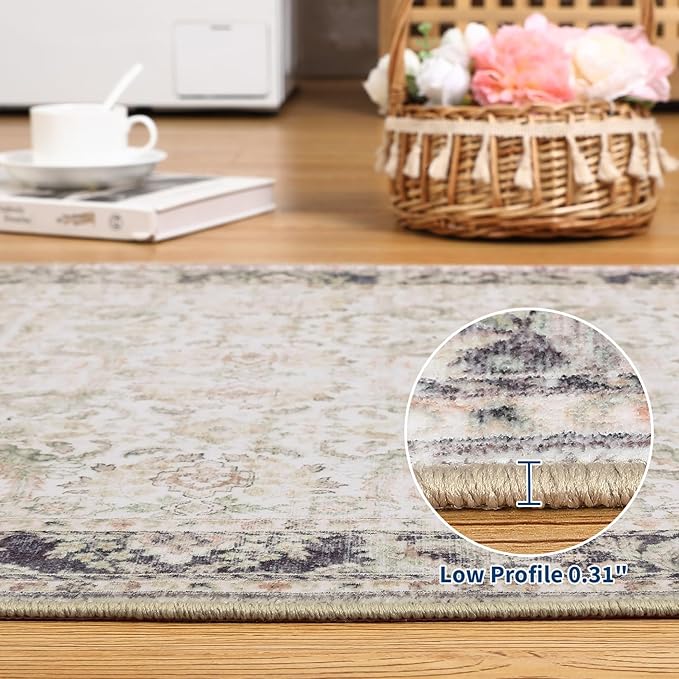 GarveeHome Washable Rugs for Living Room 10x13 Vintage Neutral Area Rug, Ultra Soft Low Pile Oriental Floral Carpet, Non Slip & Stain Resistant Retro Foldable Floor Mats for Home Decor, Beige