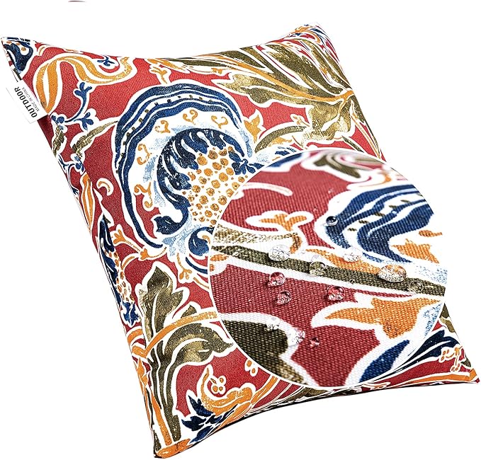 JMGBird Water-Resistant Outdoor Pillows Set of 2, 18x18 inch Durable Red with Pomegranate Flower Pattern Throw Pillows with Inserts for Patio Furniture