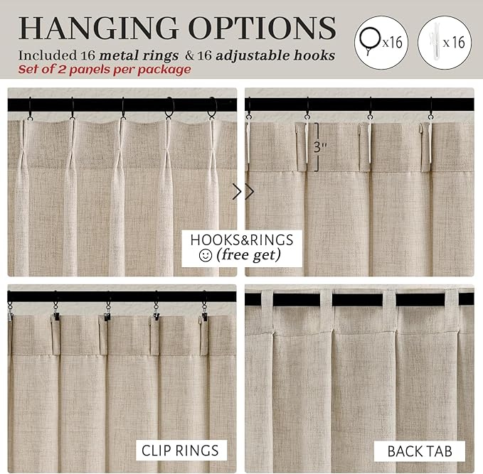 PleatedDrapes 96 Inch Curtains 2 Panel Set, Modern Linen Pleat Back Tab Dining Room Window Curtains Light Filtering Aesthetic Semi Sheer Living Room Drapes with Hooks Ring Cream Oatmeal W40 x L96