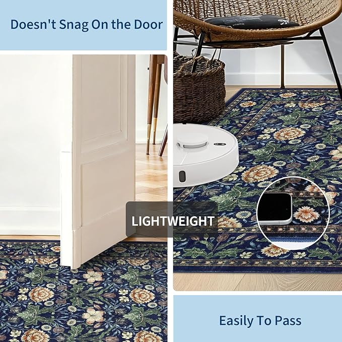 GarveeHome Small Navy Entryway Rug, 2x3 Washable Front Door Rug Indoor Entrance Floral Carpet Non-Slip Low Pile Throw Rugs for Kitchen Floor, Powder Room, Entry, Bathroom, Kids Room