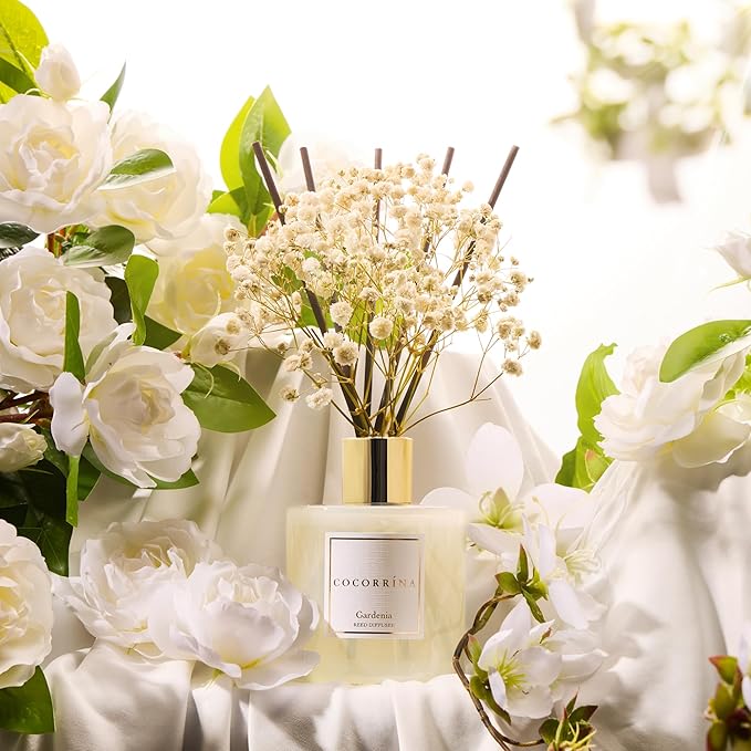 COCORR??NA Reed Diffuser - Gardenia 6.7 Fl.oz Reed Diffuser Set with Sticks & Preserved Baby's Breath, Reed Diffuser for Home Bathroom Shelf Decor