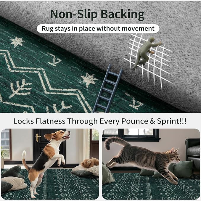 SERISSA 2x3 Rugs for Entryway, Washable Non-Slip Dark Green Small Area Rug, Soft Low-Pile Boho Geometric Indoor Entry Rug Door Mat Indoor Entrance Front Door Carpet for Bathroom Kitchen Bedroom
