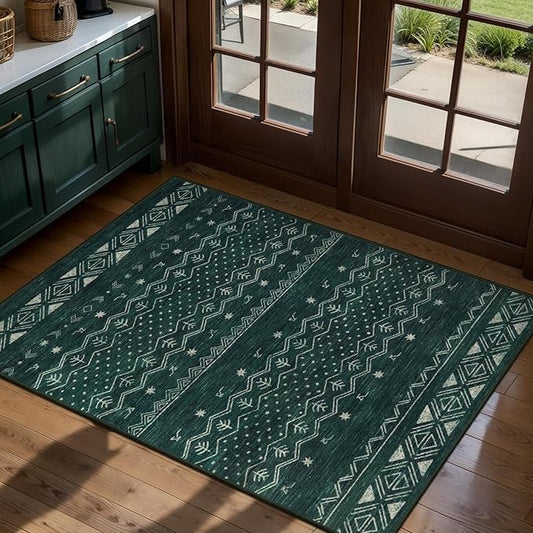 SERISSA 2x3 Rugs for Entryway, Washable Non-Slip Dark Green Small Area Rug, Soft Low-Pile Boho Geometric Indoor Entry Rug Door Mat Indoor Entrance Front Door Carpet for Bathroom Kitchen Bedroom