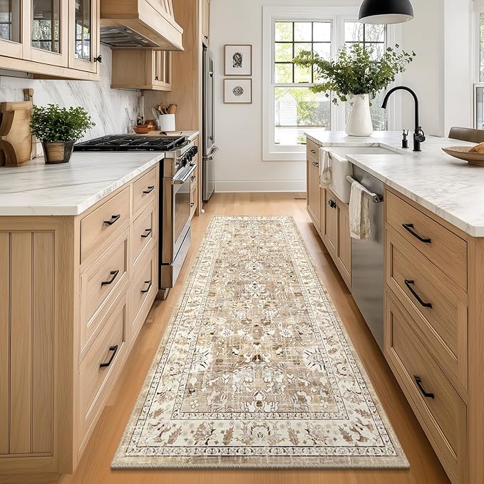 LOKHOM Washable Runner Rug, 3x8 Non-Slip Vintage Hallway Runner Rug with Rubber Backing, Boho Floral Soft Distressed Kitchen Rugs Floor Carpet Runner for Laundry Entrance Bedroom (Beige Brown)