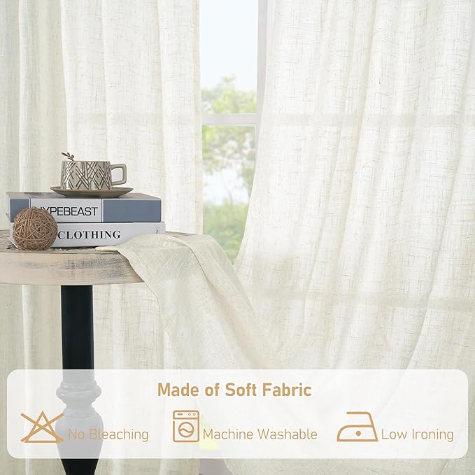 LAMIT Cream Linen Boho Curtains, 78 inch Length, 2 Panels, Light Filtering Semi Sheer, Back Tab and Rod Pocket, Neutral Panels for Bedroom/Living Room, 52 x 78 Inch