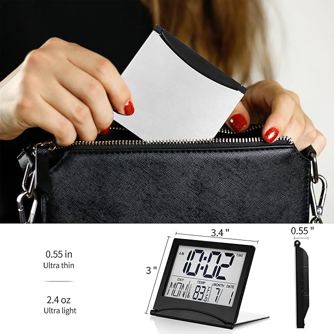 Betus Digital Travel Alarm Clock ?€? Foldable Calendar, Temperature & Timer with Snooze ?€? Large Number Display, Battery Operated ?€? Compact Desk Clock for Home & Office (Black)