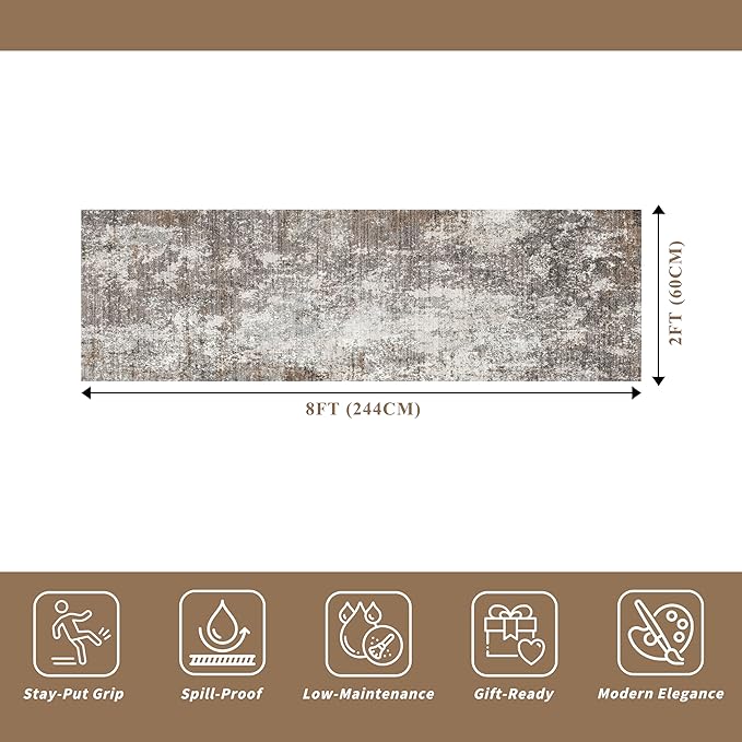 Washable 2x8 Kitchen Rug Runner – Non-Slip Stain-Resistant Soft Carpet Runner for Hallway Entryway Bedroom Bathroom, Modern Abstract Neutral Low-Pile Area Rug (Brown Beige,2x8)