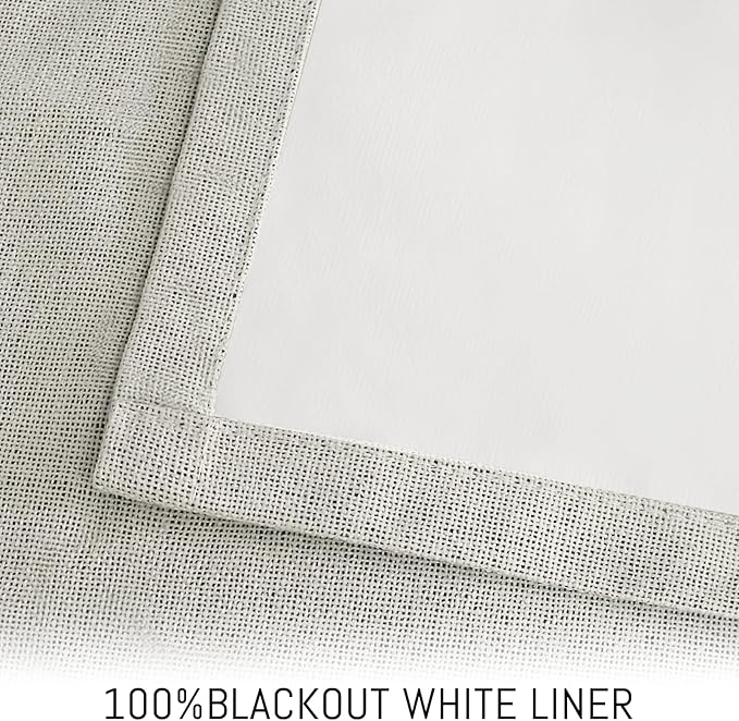 Yakamok Cream Linen Curtains 100% Blackout 90 Inches Long,Room Darkening Textured Curtains for Living Room Thermal Grommet Bedroom Curtain 2 Panels with Greyish White Liner