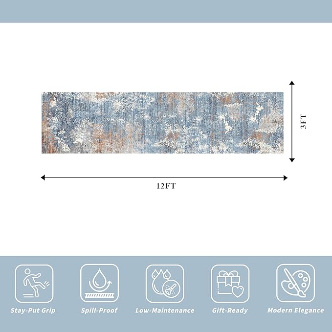 3x12 ft Long Hallway Runner Rug – Non-Slip Washable Carpet Runners for Kitchen Entryway Bathroom Modern Abstract Neutral Low-Pile Thin Stain-Resistant (Blue Rust,3x12)