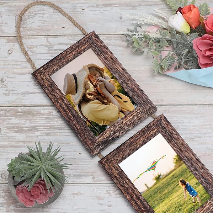 Lavezee Wall Hanging 4x6 Picture Frames Set of 2, Vertical Collage Distressed Brown Triple Frame Made to Display 4 by 6 inch Photo for Wall Decor