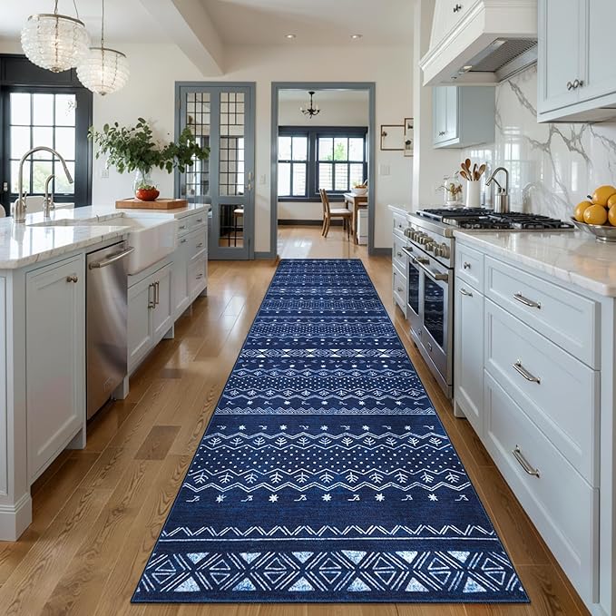 SERISSA Hallway Runner Rug, 2'6"x8' Washable Non-Slip Blue and White Boho Rug, Soft Low-Pile Geometric Indoor Long Carpet for Kitchen Laundry Room Bathroom