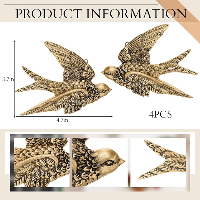 4 Pcs Vintage Bird Wall Sculpture Decor Art 4.7 Inch Antique 3D Sculpted Hanging Bird Resin Wall Art Golden Brass Floating Ornament for Living Room Garden Outdoor, Gifts for Couples Housewarming