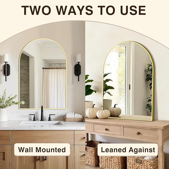 Vanity Bathroom Mirror for Wall, 2 Pack 30"x20" Arched Bathroom Mirror for Over Sink, Arched Metal Frame for Bedroom, Living Room, Entryway, Hanging or Leaning, Gold