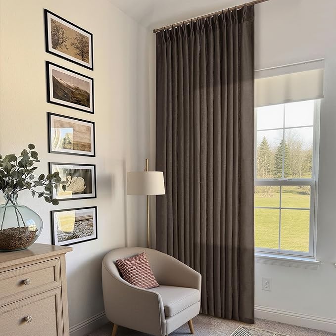 TWODRAPES Dark Chocolate Pinch Pleated Linen Curtains 2 Panels for Living Room Bedroom Memory Training Shaped Semi Sheer Pleat Drapes with Hooks Rings Light Filtering Window Curtain 40x108