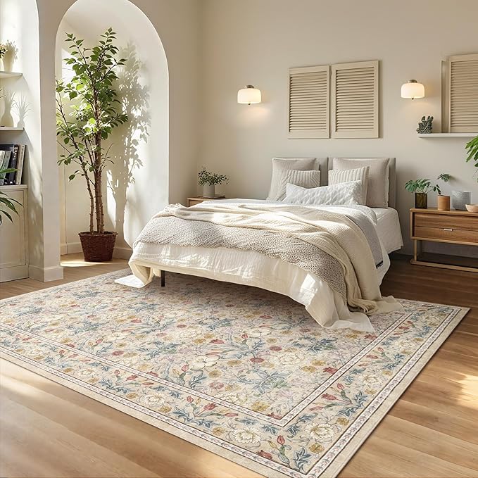 GarveeHome Washable Area Rug 6x9, Soft Vintage Floral Bedroom Rug Non Slip Low Pile Beige Carpet Stain Resistant Throw Rug for Bedside Kids Room Office Dining Room