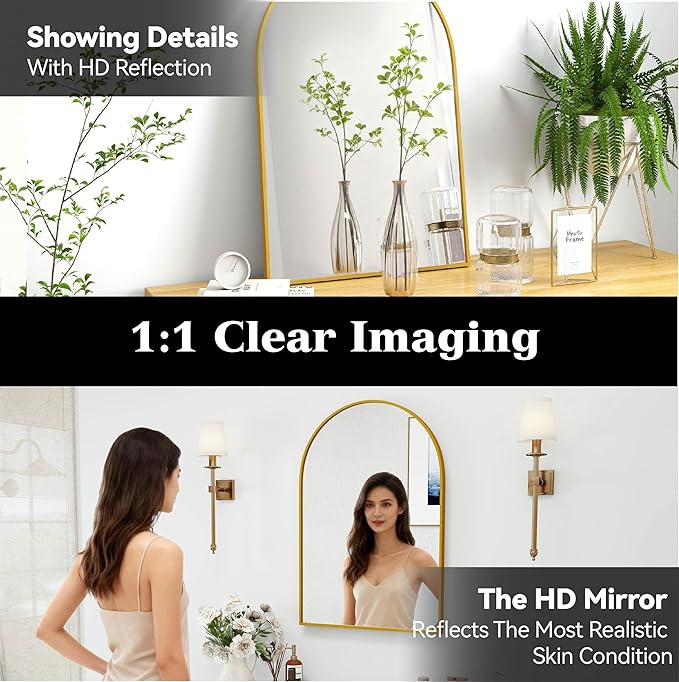 SCWF-GZ 30x20 Arch Mirror Rectangle Wall Mounted Hanging or Against Wall Metal Aluminum Alloy Frame Mirrors for Entryway Bedroom Bathroom Living Room 30 20 inch Gold