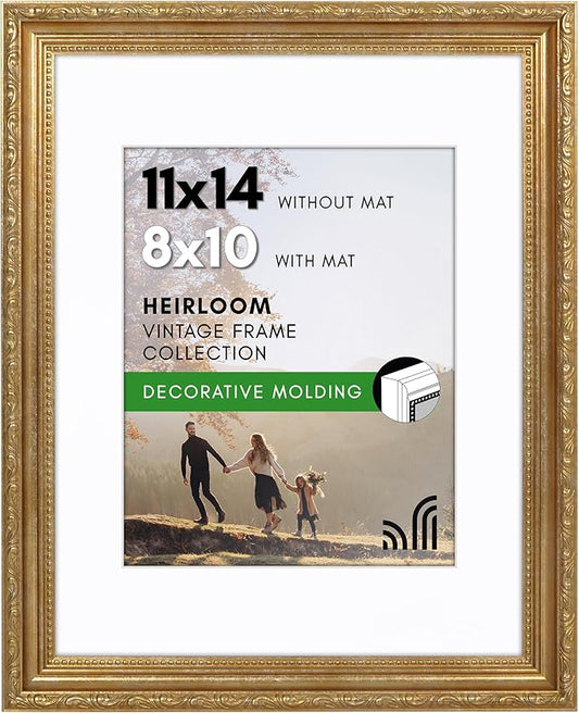 Americanflat 11x14 Picture Frame with Shatter-Resistant Glass - Use as 8x10 Frame with Mat or Display 11x14 Photo Without Mat - Ornate Picture Frames for Wall Display - Gold