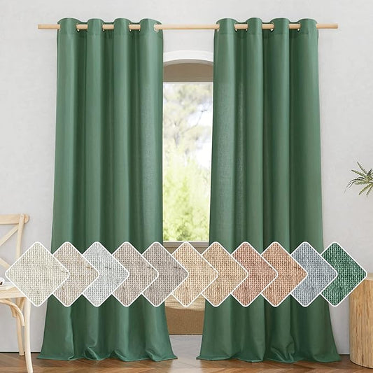 NICETOWN Olive Green Curtains 84 inch Length 2 Panels, Grommet Linen Blend Privacy Added Thick Flax Boho-Chic Light Filtering Semi Sheer Window Drapes for Home Office/Living Room, W55 x L84