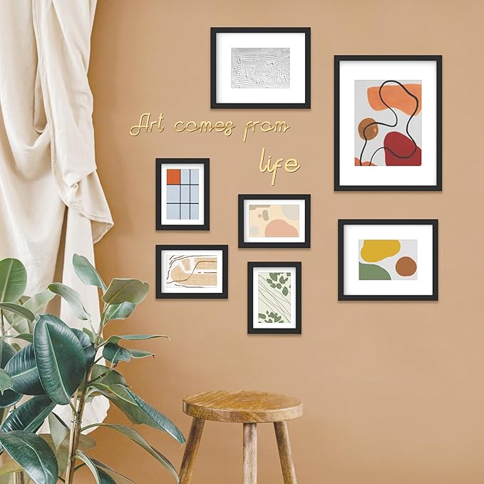 An&He 7 Pack Picture Frames Collage Wall Decor, Gallery Wall Frame Set for Wall or Tabletop Display, Multi Sizes with One 11x14, Two 8x10, and Four 5x7 Photo Frames, Black