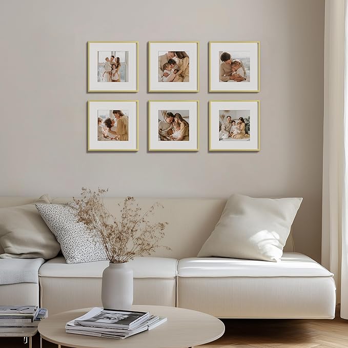 eletecpro Aluminum Gallery Wall Frame Set of 6, 12 x 12 Metal Photo Frames Display 8x8 Photo with Mat or 12x12 without Mat, Picture Frame Collage Wall Decor, Gold