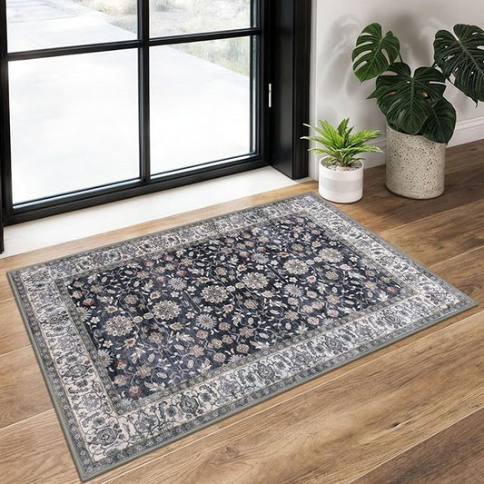KUTA Vintage Floral Entryway Rug 2x3, Kitchen Rugs Non-Slip Washable Throw Rug, Grey Black Beige Ultra Thin Soft Print Front Door Mat Indoor Doormat for Entrance, Bedside, or Small Spaces