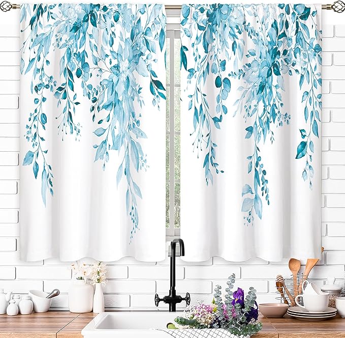 Blue Eucalyptus Botanical Leaves Floral Kitchen Window Curtains Over Sink Farmhouse Flower Spring Small Window Treatment Cafe Short Curtains for Bathroom Treatment Tier Drapes27.5x39 inch