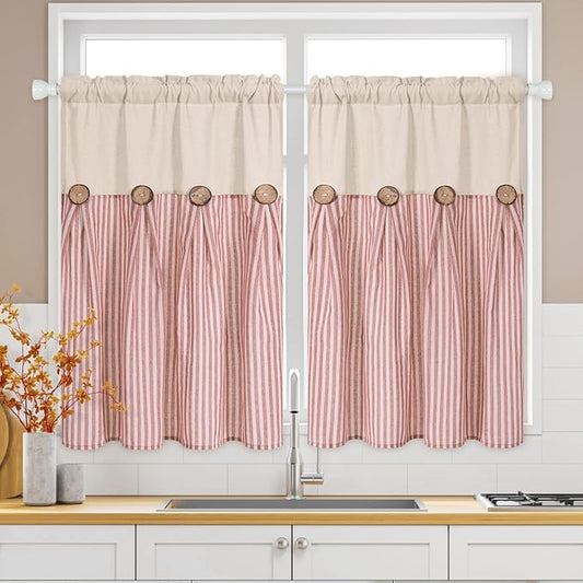 ASPMIZ Boho Linen Kitchen Curtains 36 Inch Length, Farmhouse Kitchen Window Curtain Over Sink, Orange Stripe Short Curtains for Small Windows, Bathroom, Rod Pocket Window Treatment Tiers with Button