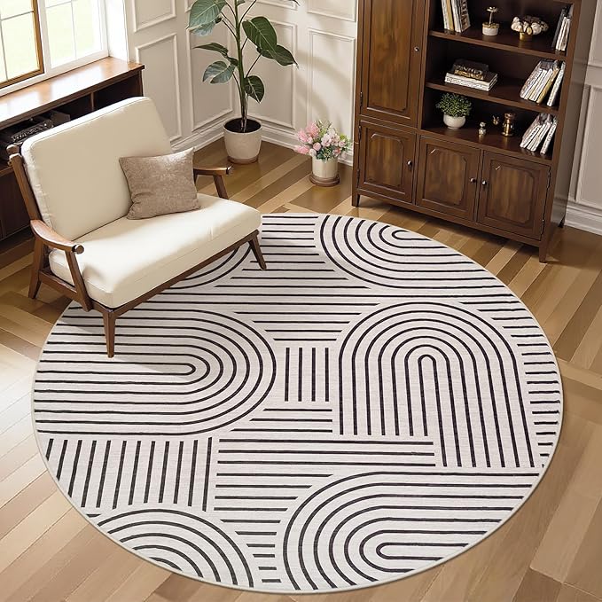 Washable Rug 4ft Area Rugs for Living Room, Abstract Rug for Bedroom, Soft Rainbow Non Slip Throw Rugs with Rubber Back, Low Pile Stain Resistant Boho Geometric Carpet for Dining Room,LightCamel