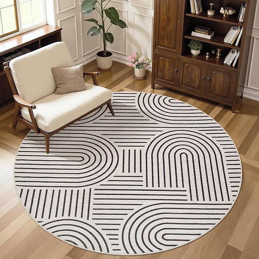 Washable Rug 4ft Area Rugs for Living Room, Abstract Rug for Bedroom, Soft Rainbow Non Slip Throw Rugs with Rubber Back, Low Pile Stain Resistant Boho Geometric Carpet for Dining Room,LightCamel