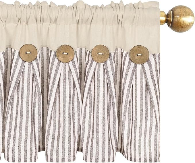 ASPMIZ Cotton Linen Kitchen Curtains 36 Inch Length, Farmhouse Rod Pocket Short Curtains for Window, Brown Stripe Small Window Curtain Boho Rustic Button Window Treatment Tiers for Bathroom, Cafe