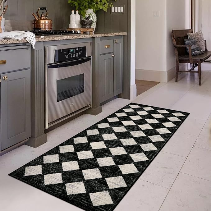 Lahome Zelie Moroccan Trellis Runner Rug - 2x6 Washable Black Bathroom Runner Rug Laundry Room Carpet Runners, Modern Soft Non Slip Indoor Floor Accent Mat for Bedside Kitchen Hall Bar Entryway RV