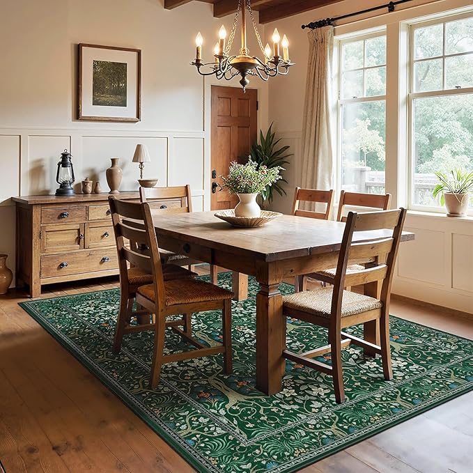 Joydeco Washable Rugs 5x7, Boho Dark Green Floral Bedroom Rug Non Slip, Soft Low-Pile Botanical Forest Indoor Floor Throw Carpet for Dining Table Living Room Playroom Dorm Home Office