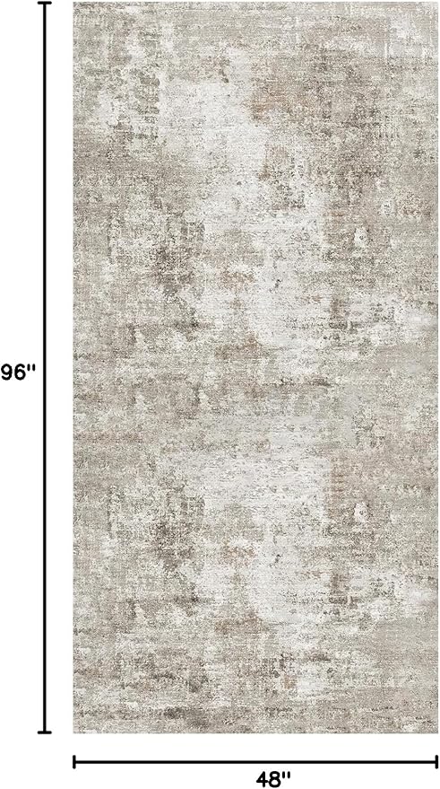 4x8 Washable Area Rug – Non-Slip Rubber Backed Indoor Rug for Entryway, Kitchen, Hallway | Modern Abstract Neutral Low Pile Thin Floor Mat for Bedroom, Living Room, Office (Beige/Grey)