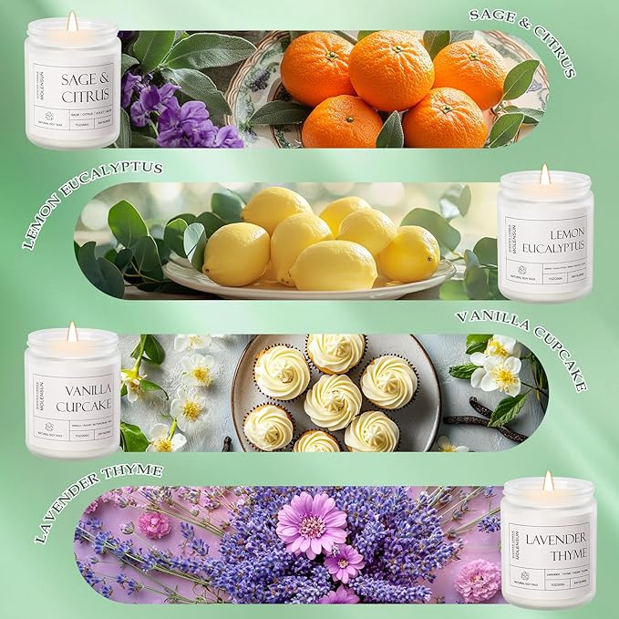 4 Pack Candles for Home Scented, 28 oz Long Lasting Candles, Soy Candle Set Gift for Women - Lavender Thyme/Lemon Eucalyptus/Sage &Citrus/Vanilla Cupcake