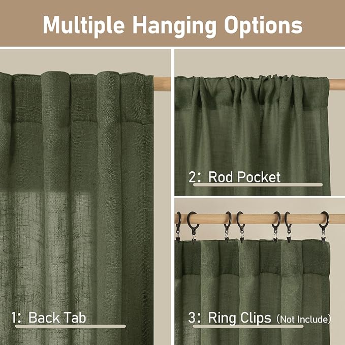 LAMIT Olive Green Linen Curtains for Living Room, 2 Panels, Light Filtering Semi Sheer Panels with Back Tab and Rod Pocket, 52 x 108 Inch