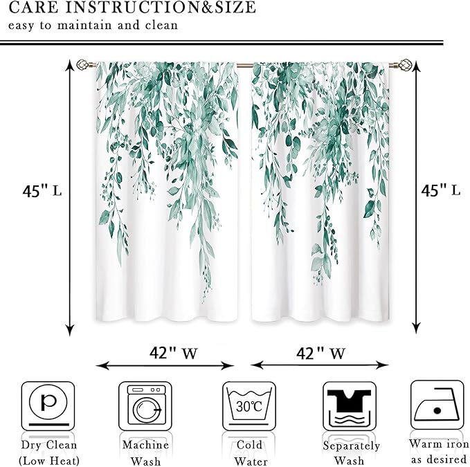 Green Teal Eucalyptus Botanical Leaves Floral Window Curtains Watercolor Turquoise Flower Plant Wildflower Farmhouse Curtain Drapes Herb Curtains for Bedroom Living Room Treatment 42Wx45H Inch