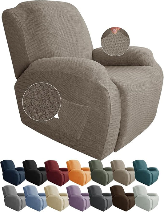 JIVINER 4-Piece Recliner Chair Covers Stretch Jacquard Covers for Reclining Chair Recliner Slipcovers for Living Room Soft Recliner Protector with Pocket (Recliner, Khaki)