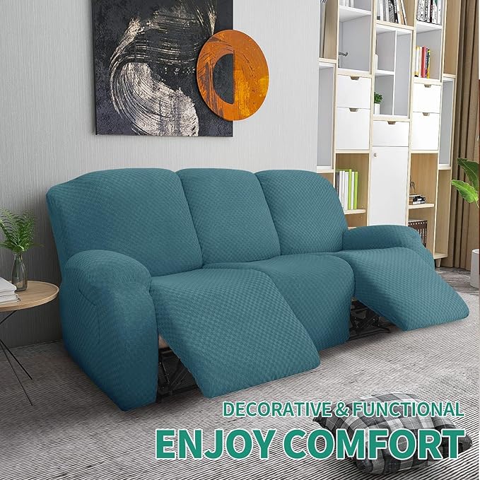 YEMYHOM 8 Pieces Stretch Recliner Sofa Cover Latest Jacquard Reclining Couch Cover with Side Pocket Anti-Slip Fitted 3 Cushion Furniture Slipcovers with Elastic Bottom (Recliner Sofa, Peacock Blue)