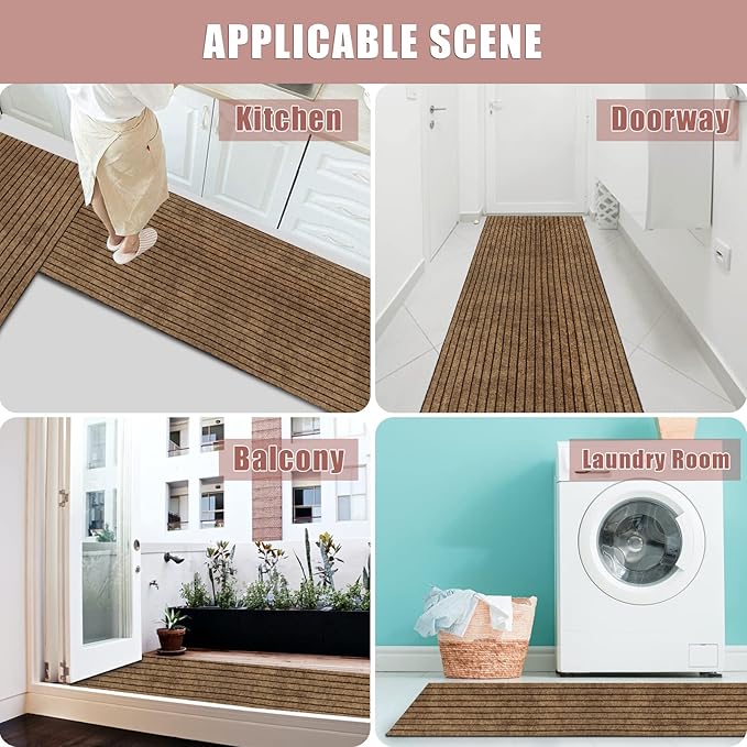 Runner Rug 4 ft x 81 ft Indoor/Outdoor Low Profile, Hallway, Kitchen, Patio, Deck Area, RV, Entryway, Garage, with Non-Slip Rubber Backing, Brown with Brown Stripe, Custom