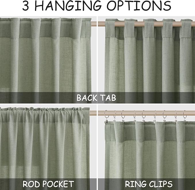 Desert Sage Linen Curtains for Living Room 126 Inches Long Light Filtering Semi Sheer Curtain Back Tab Rustic Farmhouse Decor Elegant Drapes Floor to Ceiling High Window for Bedroom 52x126, 2 Panels