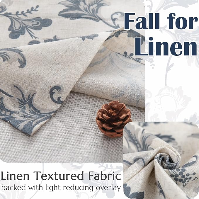 jinchan Linen Valance Curtain Farmhouse Window Decor Floral Print for Kitchen Living Room Double Layer Blackout Valance 16 Inches Rustic Window Treatment 1 Panel Rod Pocket Blue on Beige