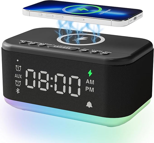 Alarm Clock Speaker Wireless Charger, Digital Alarm Clocks Bedrooms Bluetooth, Alarm Clock Dimmable Light Bedrooms Dual Alarm Snooze Dimmer 12 24H RGB Night Light Bluetooth USB AUX, Black by BroserengyTech