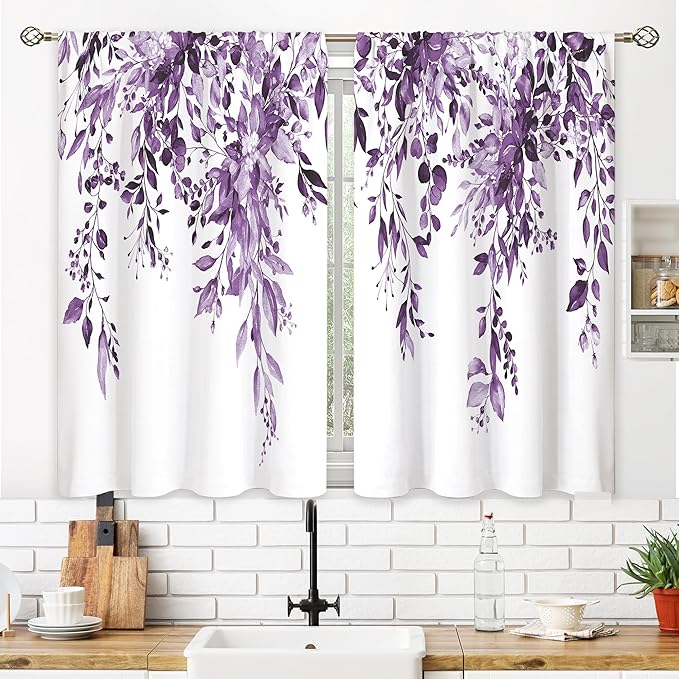 Eucalyptus Botanical Leaves Purple Floral Kitchen Window Curtains Over Sink Farmhouse Flower Leaf Small Window Treatment Cafe Short Curtains for Bathroom Treatment Tier Drapes 26x36 inch