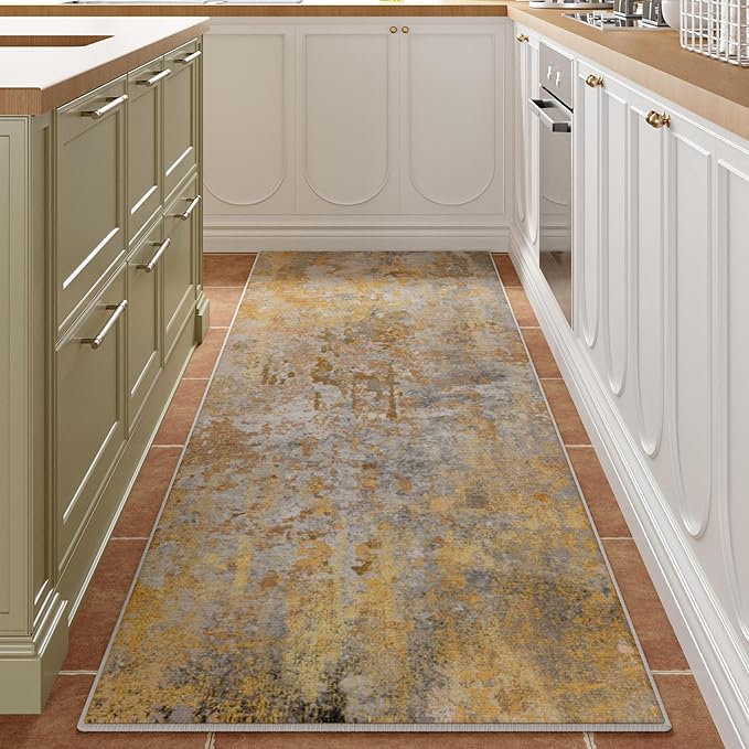Beige Gold Rug Runners for Hallways Kitchen Non Slip Washable 2x6 Entryway Runner Rugs with Rubber Backing 6ft Long Carpet Runner for Laundry Room Bedroom, Low Pile Stain & Fade Resistant