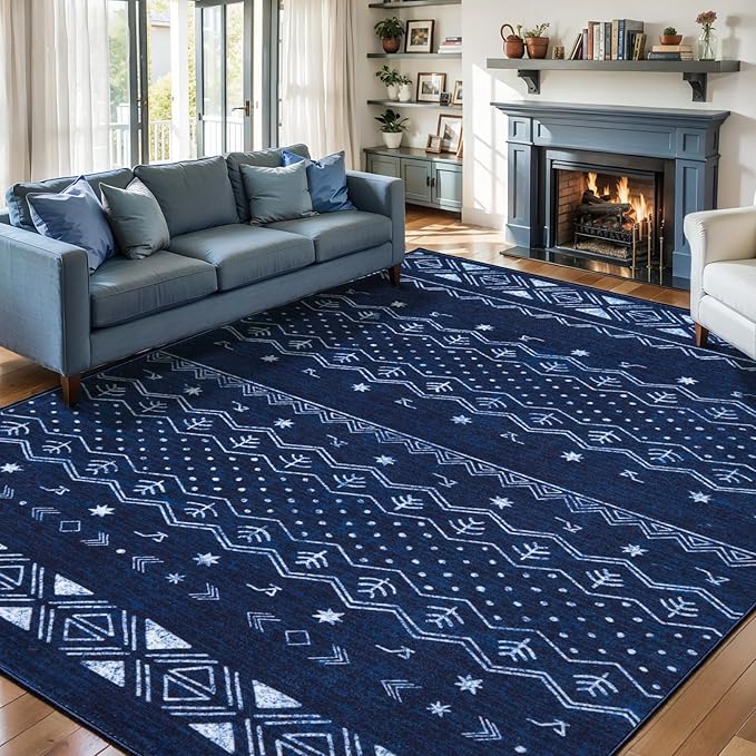 SERISSA 6x9 Area Rugs for Living Room, Washable Non-Slip Blue and White Boho Rug, Soft Low-Pile Geometric Indoor Large Carpet for Dining Room Bedroom Home Office Playroom